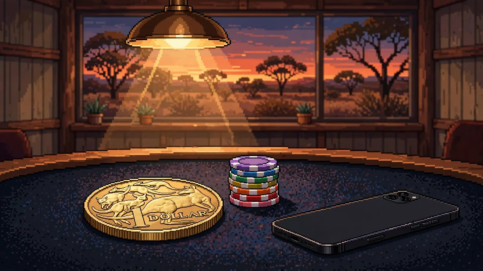Single Australian one-dollar coin on a casino table with chips and a face-down phone.