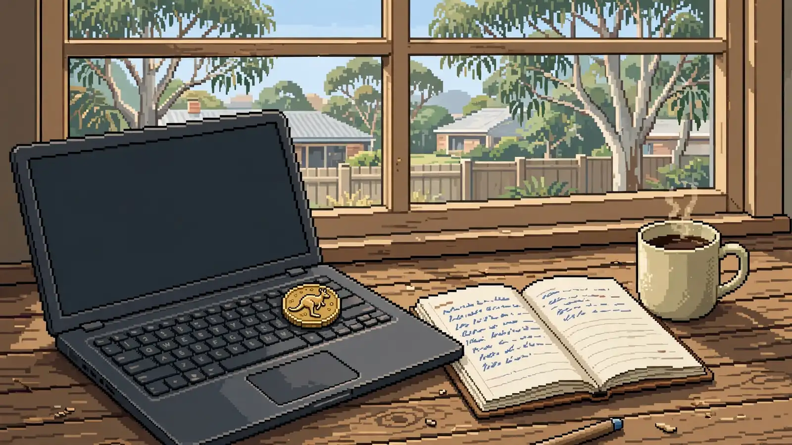 One-dollar coin on a laptop next to a notebook and coffee mug, eucalyptus tree outside a window.