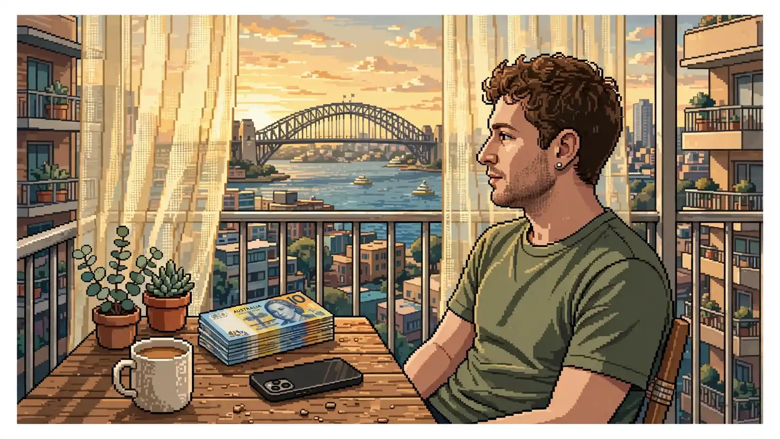 Australian player on a sunny apartment balcony with a smartphone and a small stack of ten-dollar notes.