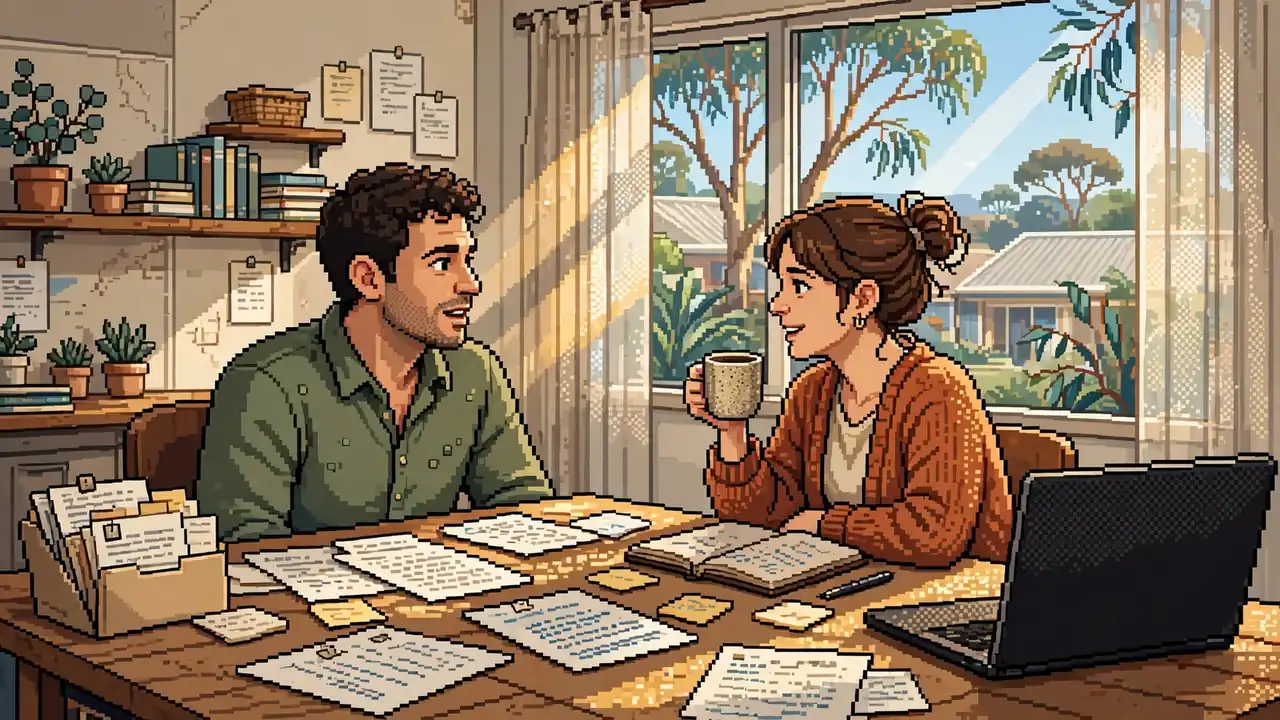 Two researchers discussing notes at a sunlit desk in an Australian home office