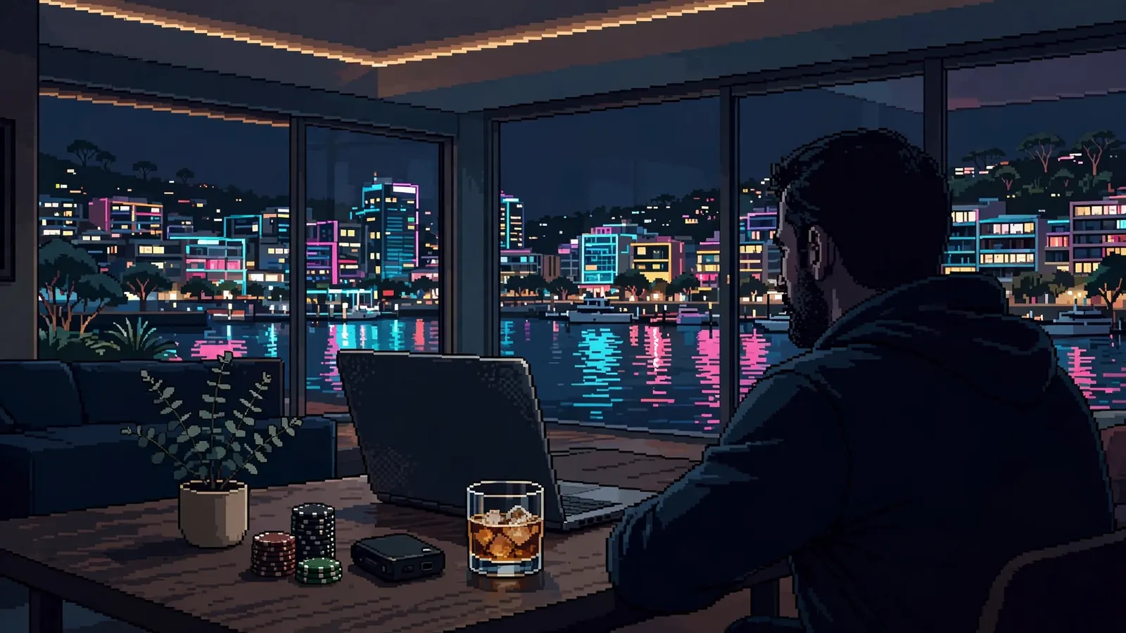 Anonymous player at a Sydney apartment casino scene with crypto wallet