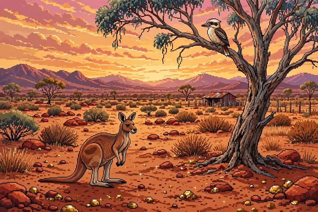 Australian outback at sunset with kangaroo, kookaburra, and gold nuggets among red rocks.