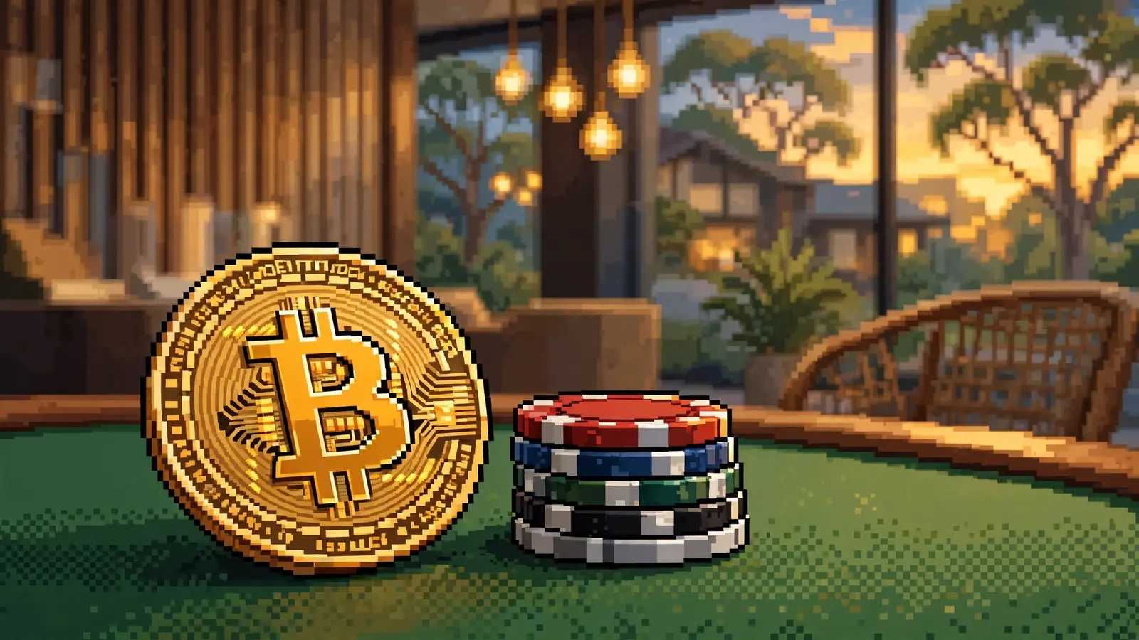 Bitcoin token on a casino table with poker chips in a warm lounge setting.