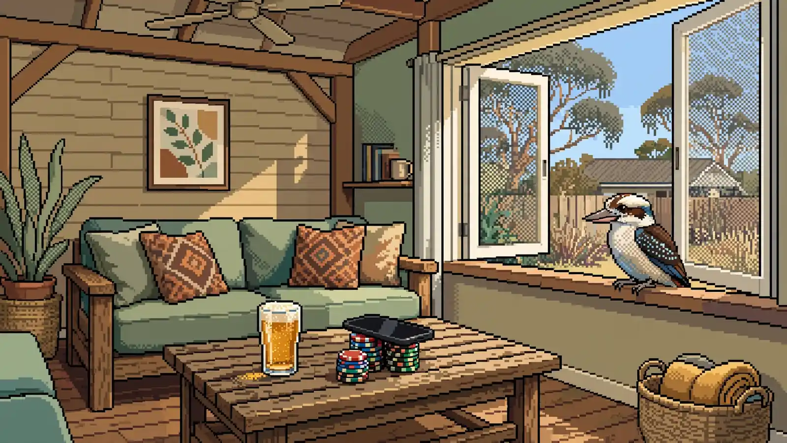 Australian home lounge with poker chips and a phone, kookaburra on the windowsill