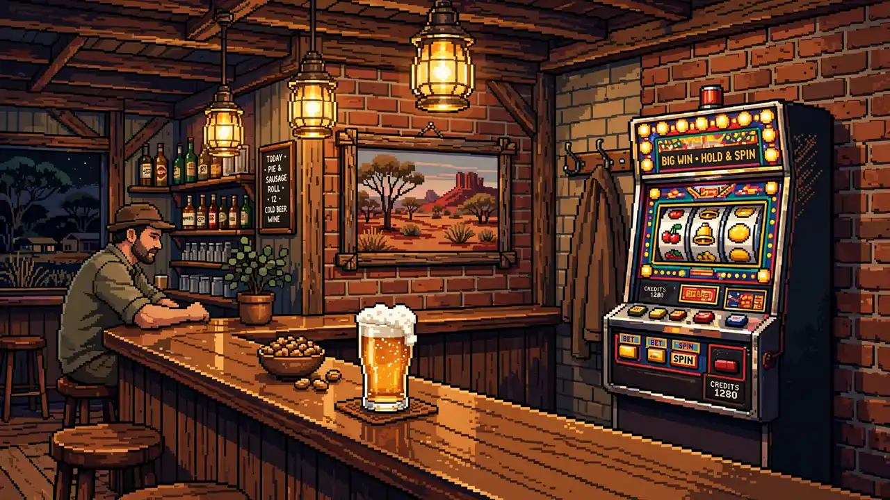 Australian pub interior featuring a classic pokie machine and beer at a timber bar under warm pendant lighting