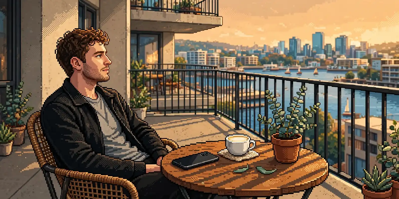 Young Australian man on a Sydney balcony with a phone face-down on the table and coffee beside him