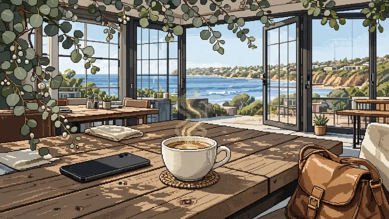 Smartphone on a sunlit café table in an Australian coastal town