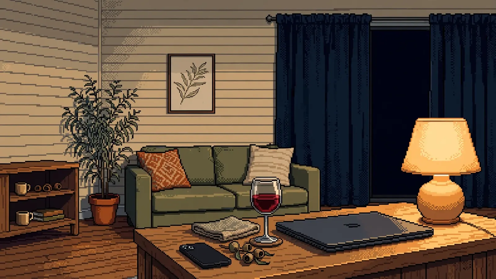 Australian home setting with closed laptop and wine glass, evening leisure atmosphere.