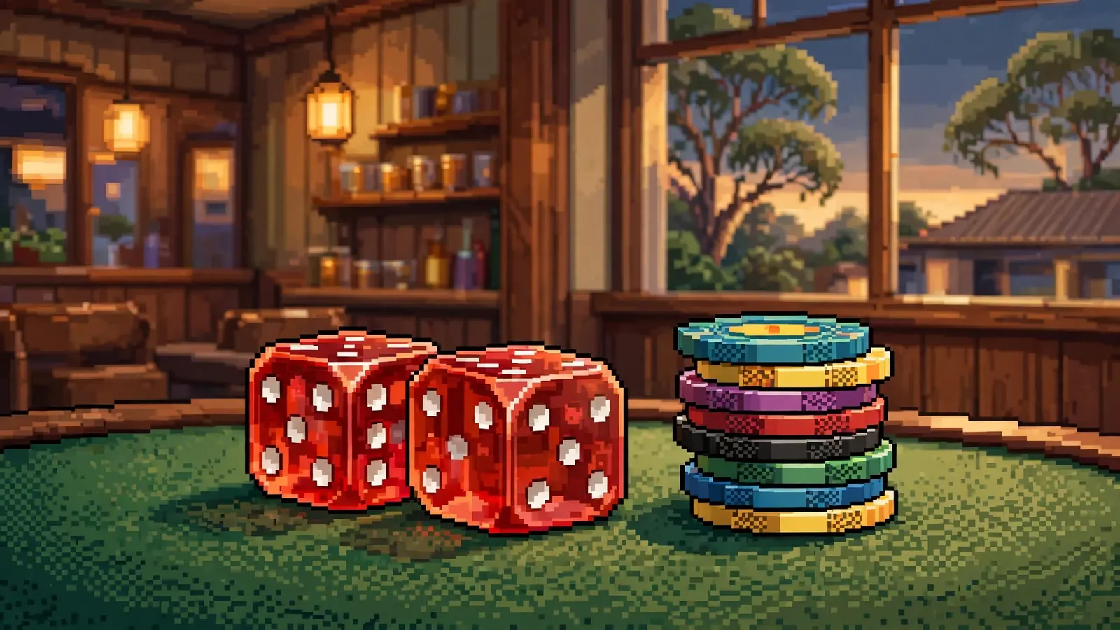 Red casino dice on green felt with betting chips in an Australian club interior