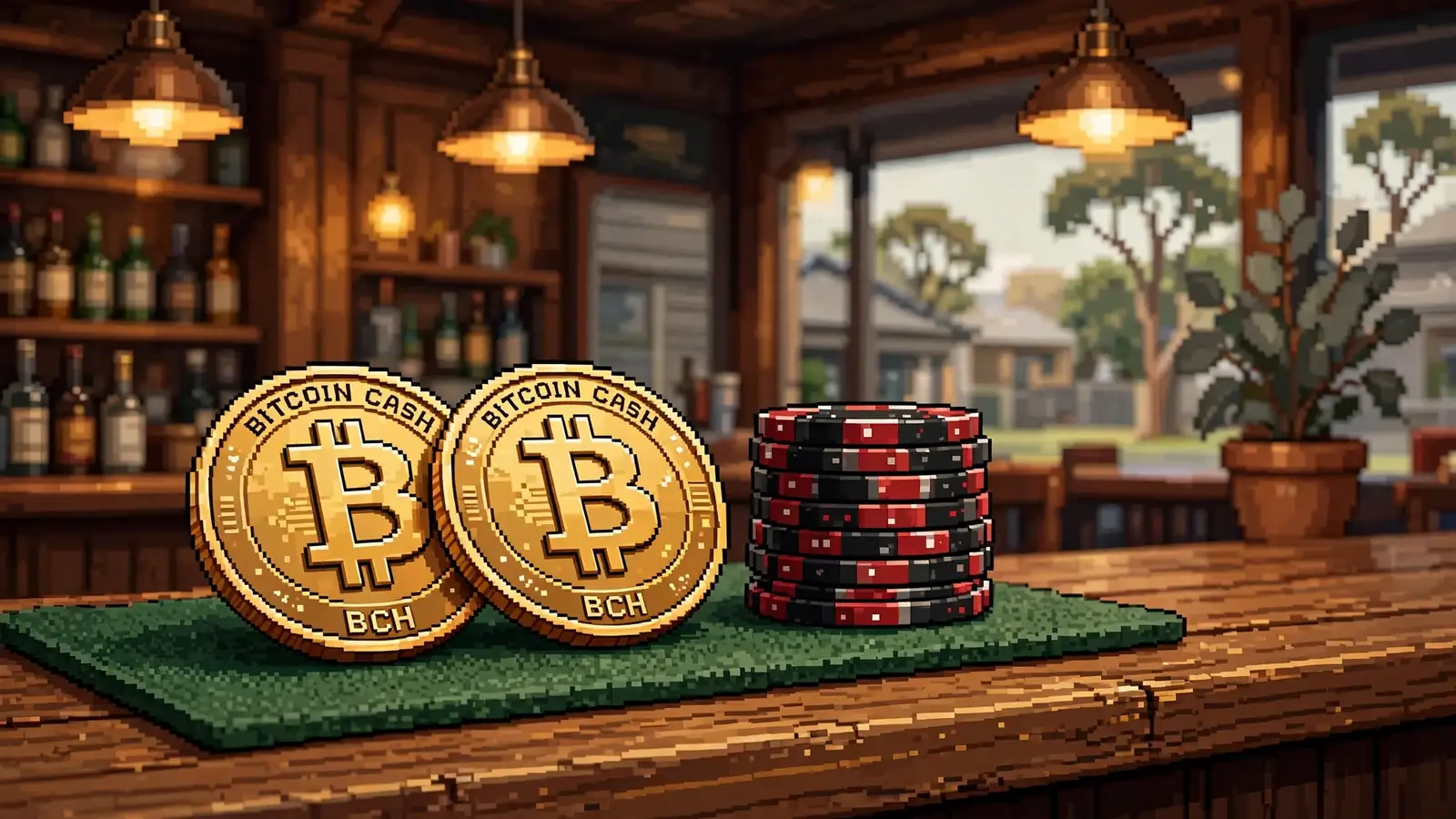 Bitcoin Cash coins and casino chips on a wooden bar in an Australian pub.