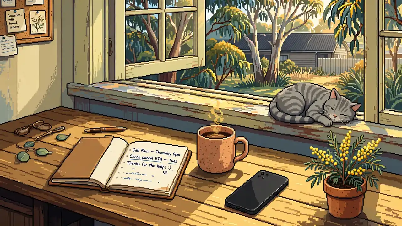 Inviting home workspace with notebook, mug, and eucalyptus view, suggesting direct contact