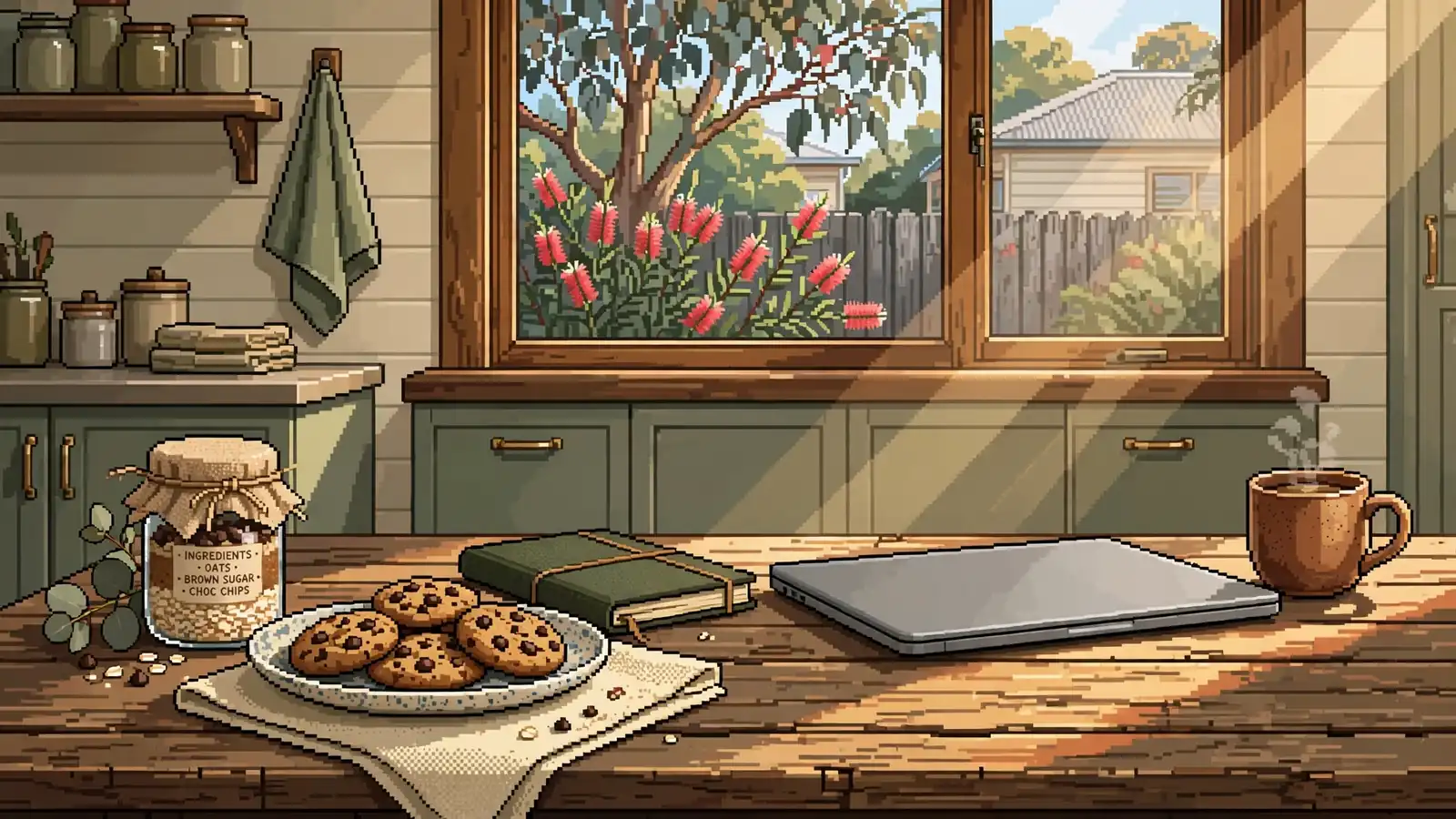Chocolate chip cookies on a plate next to a laptop in a sunlit Australian kitchen