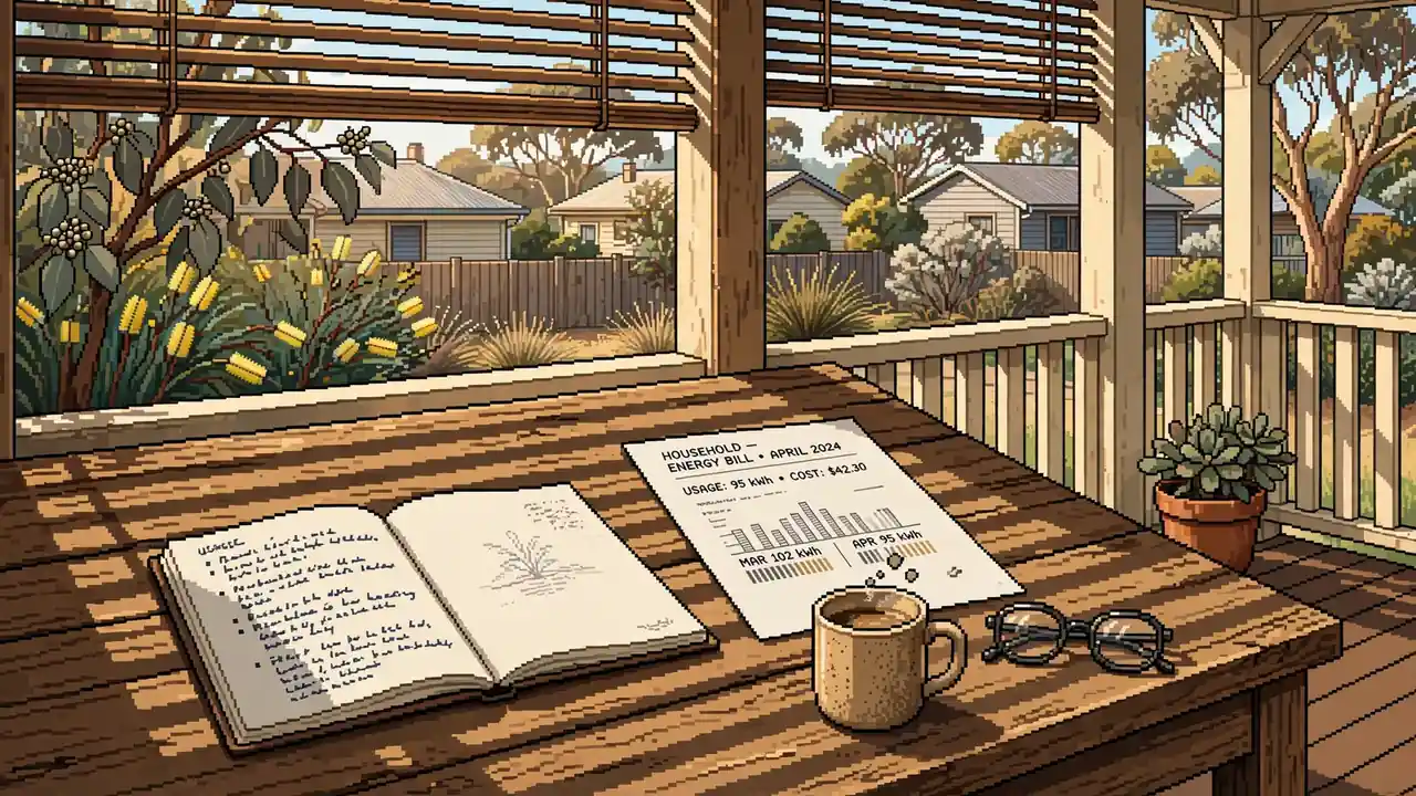 Australian home office desk with printed document and notebook in warm afternoon light
