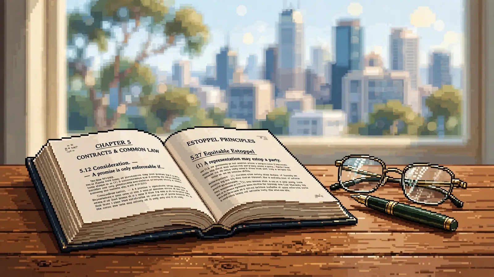 Open law book on a desk with pen and glasses