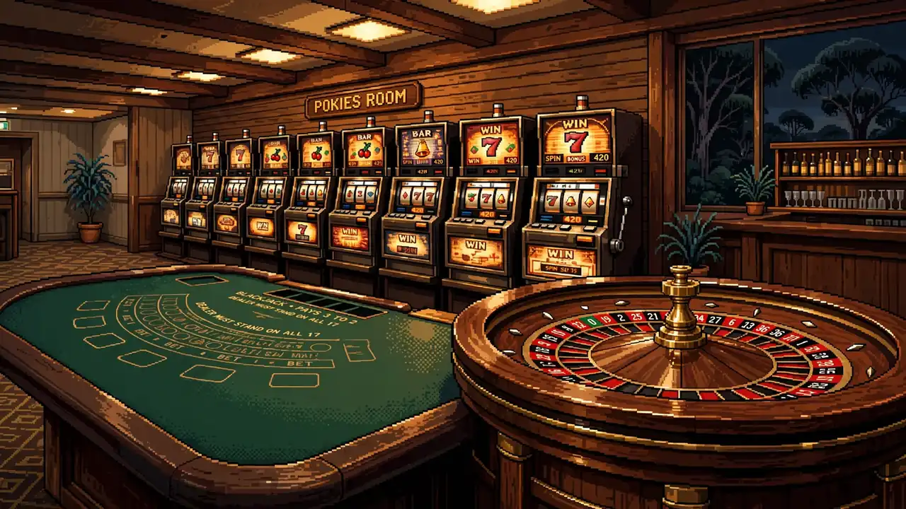 Empty casino floor with slot machines, roulette and blackjack tables