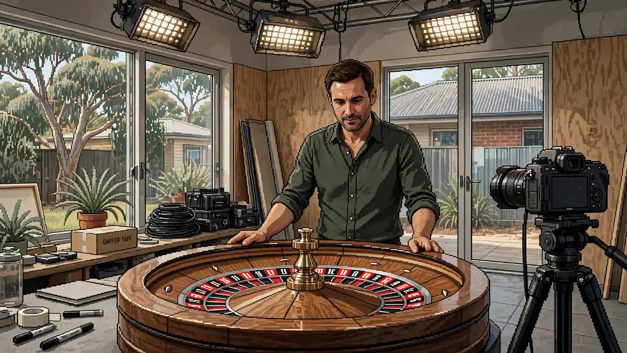 Live croupier at a roulette wheel in a broadcast studio