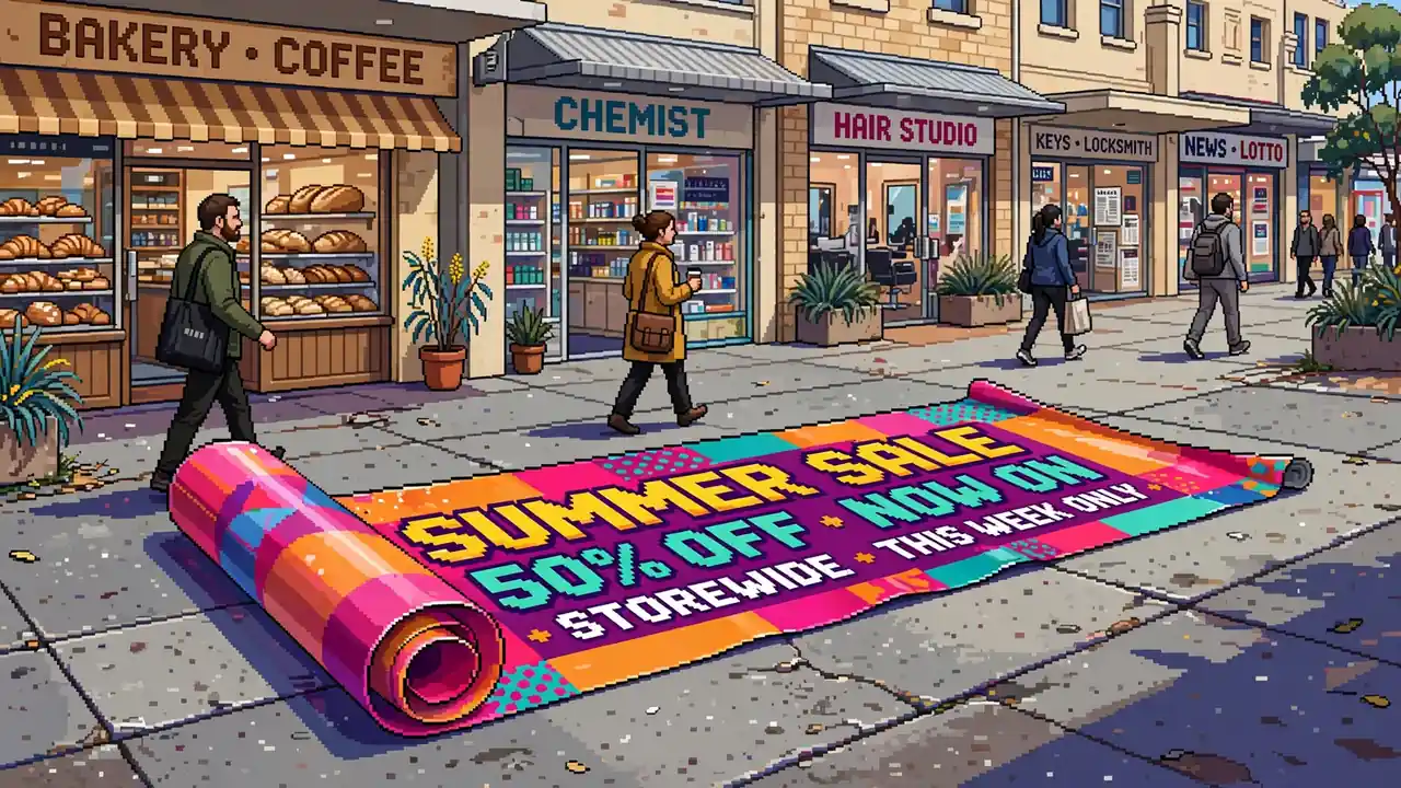 Glossy gambling promo banner on a busy Australian street