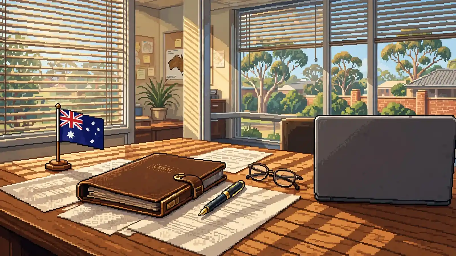 Wooden desk with legal documents, fountain pen, and Australian flag in a sunlit office