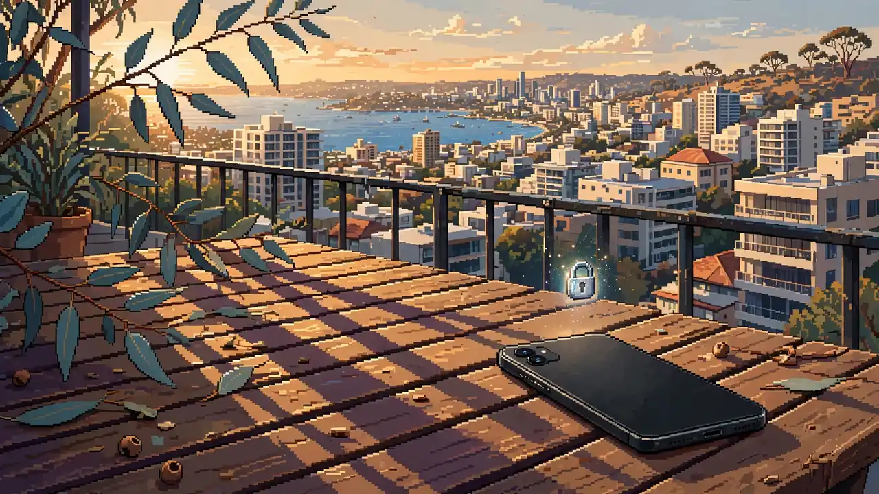 Smartphone with padlock icon on a cafe table overlooking an Australian coastal city