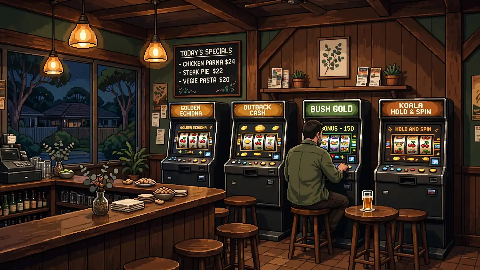 Australian pub with row of pokie machines in warm evening light