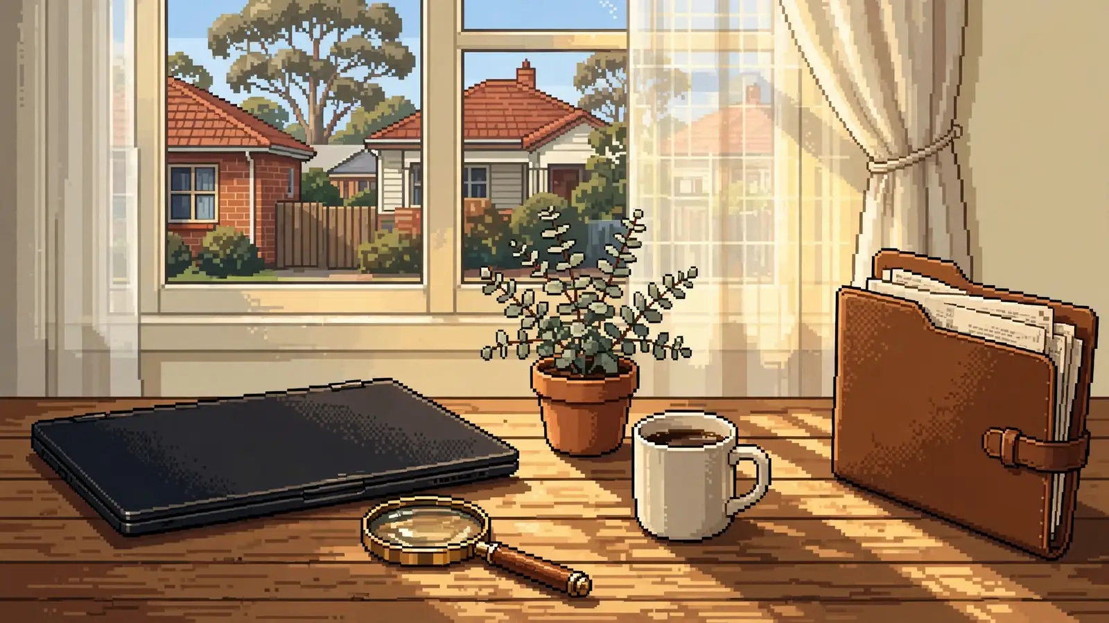 Laptop, coffee mug, and eucalyptus on a sunlit Australian desk with documents.