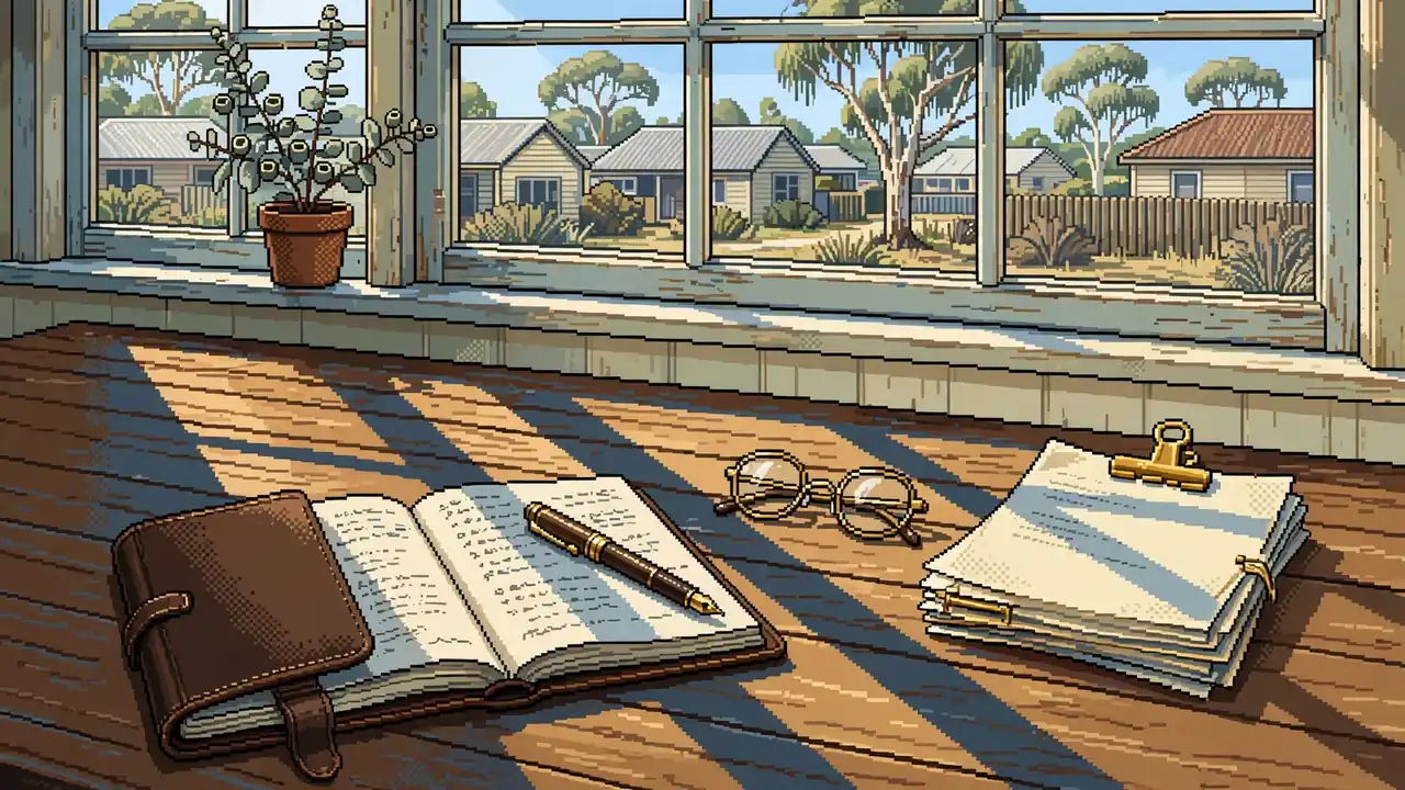 Wooden desk with notebook, glasses and papers by a sunlit window
